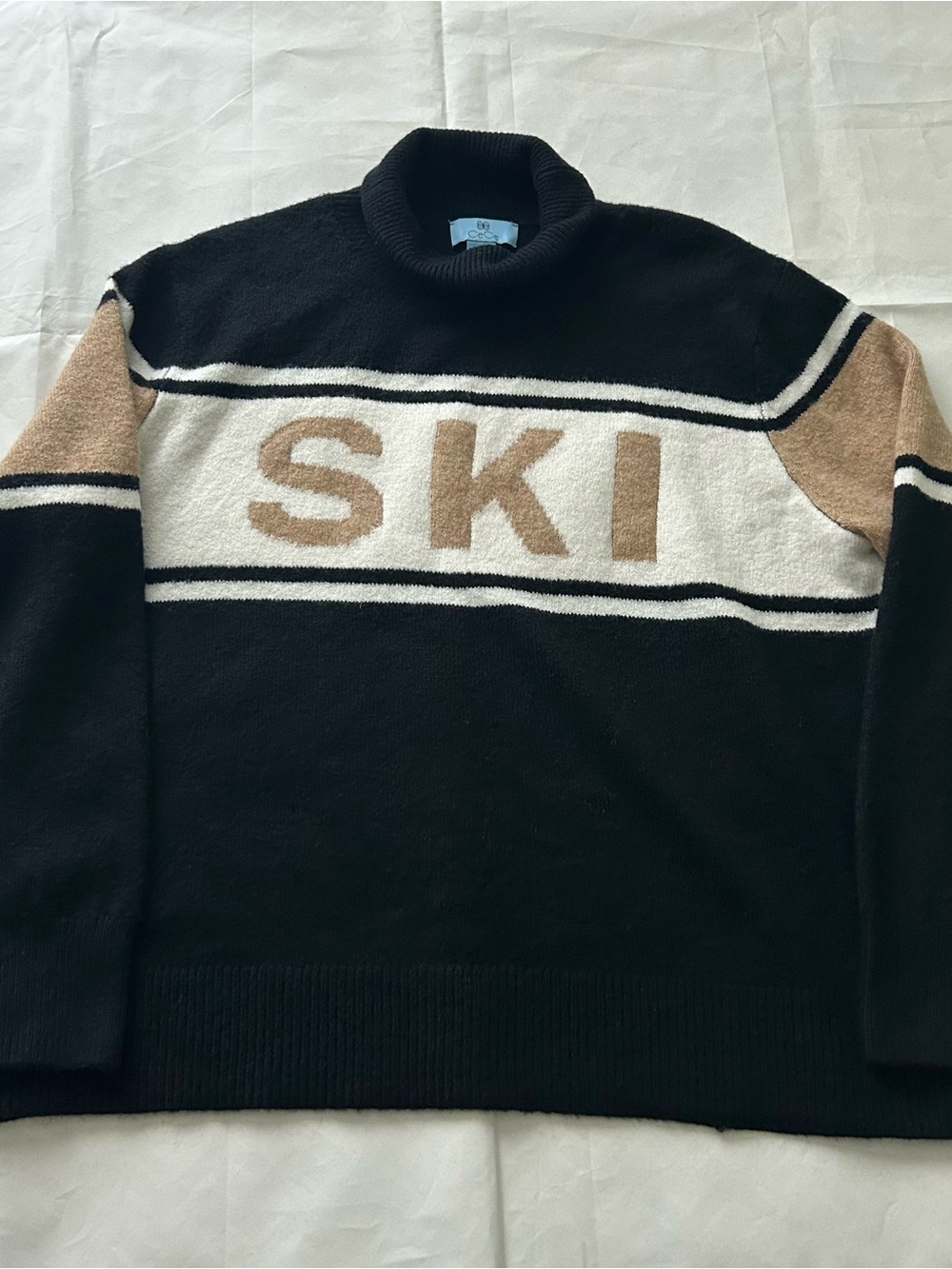 Women’s CeCe Knit Sweater - Black & Cream with Tan Accents. Size large